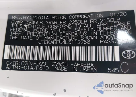 2020 Toyota Prius Le из США, поврежденный, VIN JTDKARFU4L3112758